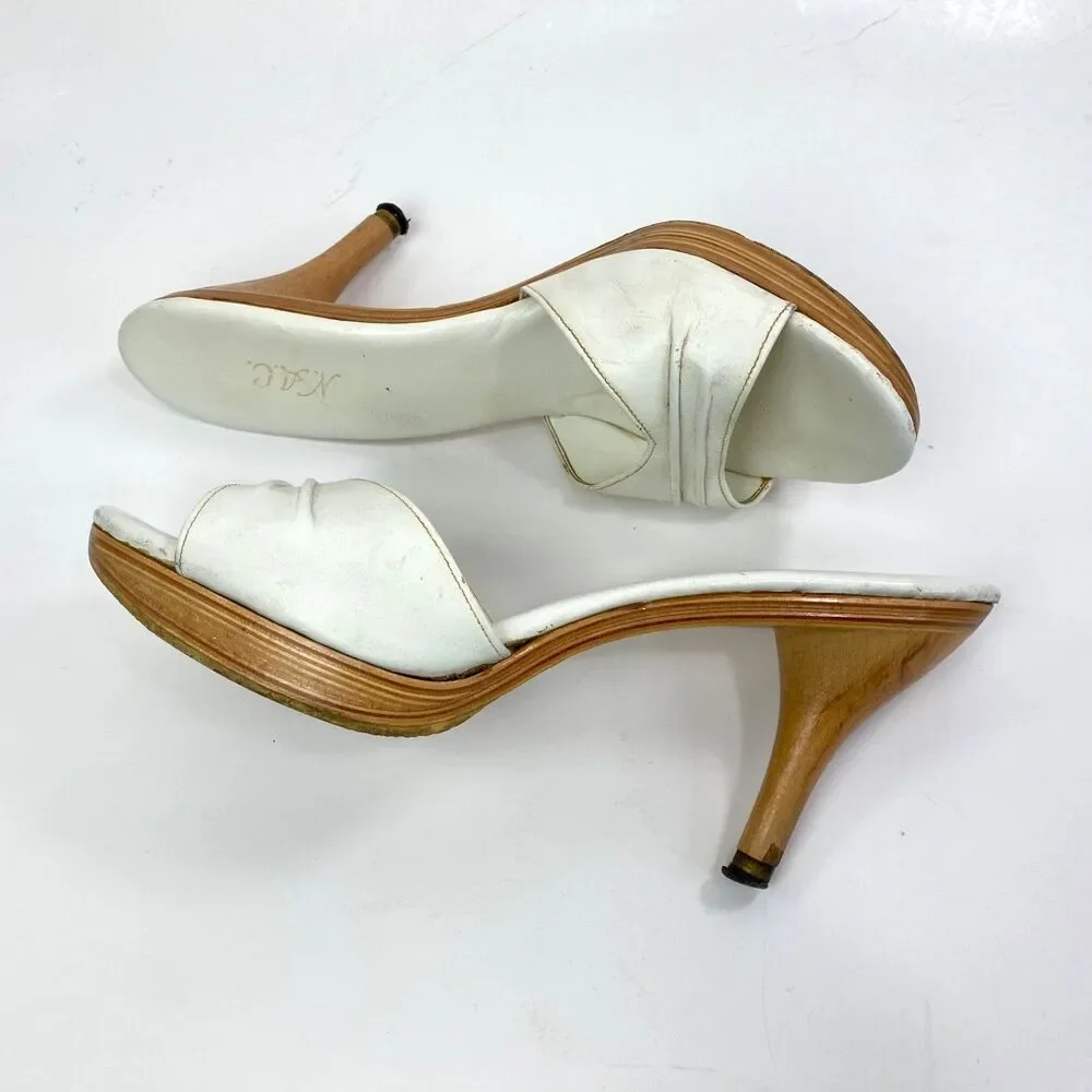 Vintage Made In Japan White Slip-On Heel Shoes 8.5 Open Toe Wood Lounge Resort